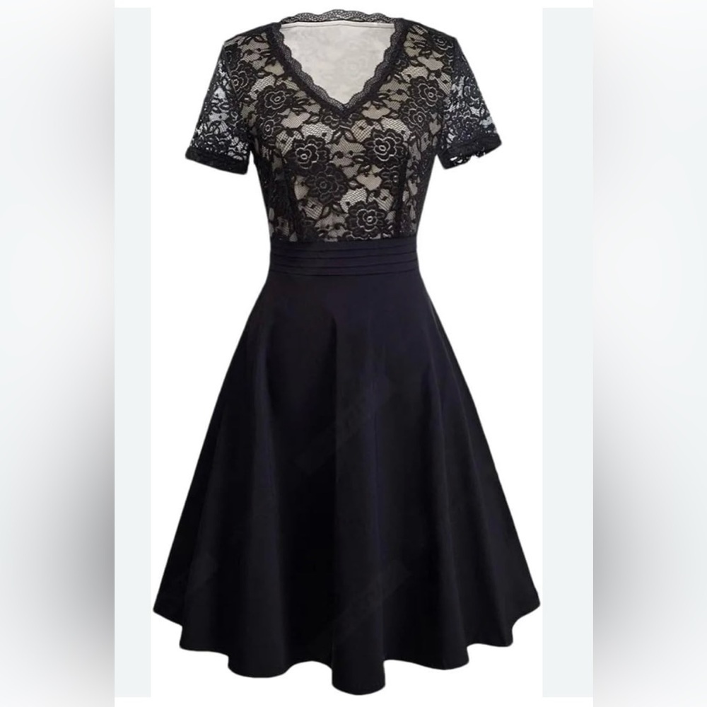 HOMEYEE New Elegant Black Lace Floral Mini Dress